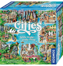 Die bunte Brettspielbox Cities zeigt illustrierte Wahrzeichen und Stadtansichten aus aller Welt.