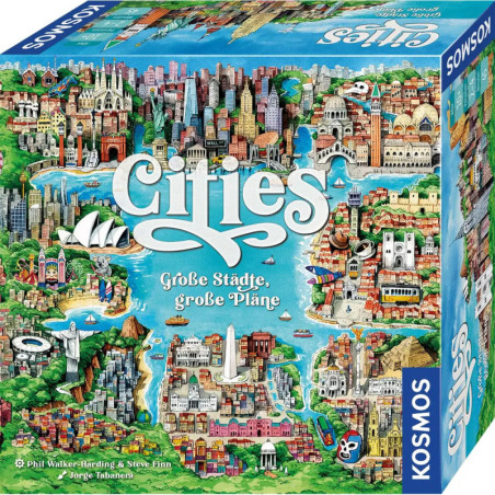 Die bunte Brettspielbox Cities zeigt illustrierte Wahrzeichen und Stadtansichten aus aller Welt.