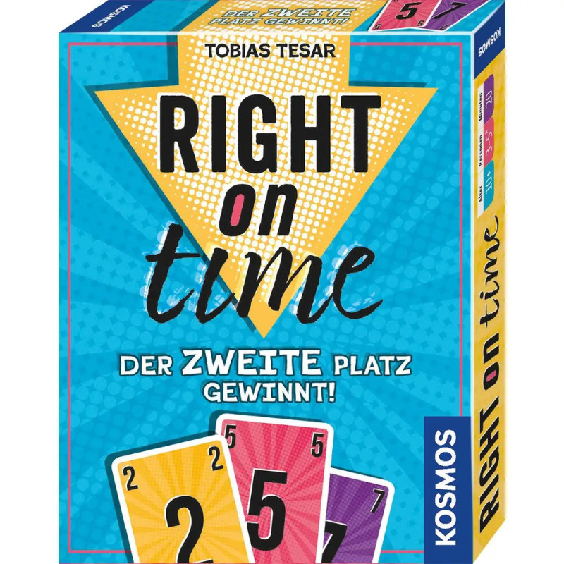 Blaue Box des Spiels Right on Time mit Karten und dem Slogan Der zweite Platz gewinnt! auf dem Cover.