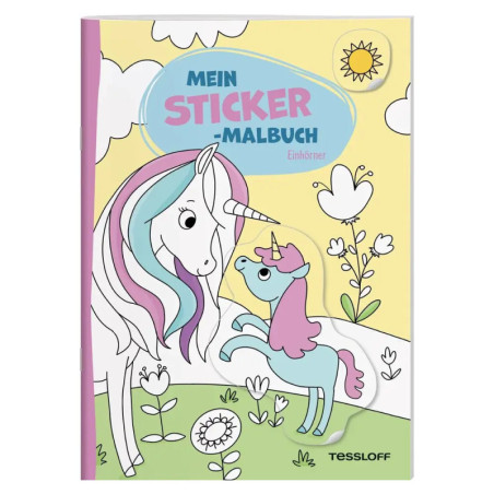 Buntes Stickerbuch-Cover mit zwei Einhörnern, Blumen und Sonne. Deutsche Beschriftung.