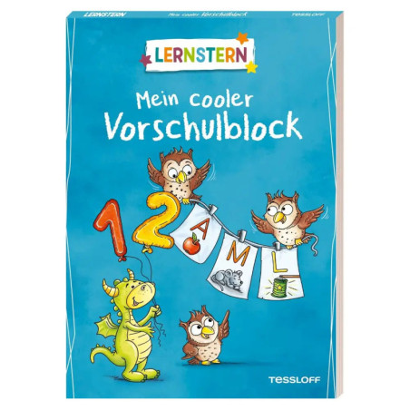 Buntes Buchcover mit Drache, drei Eulen, Zahlen und Buchstaben auf blauem Hintergrund.