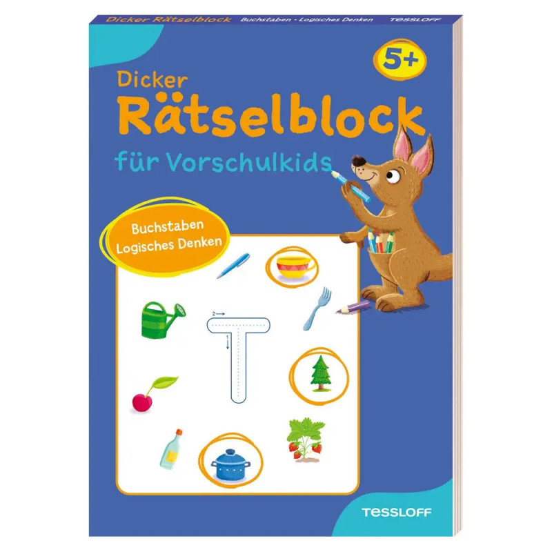 Blauer Puzzlebuchumschlag für Vorschulkinder mit Fuchs und verschiedenen illustrierten Gegenständen auf dem Cover.