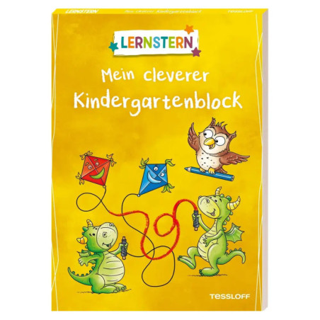 Gelbes Buchcover mit zwei grünen Drachen, einer Eule, bunten Drachen deutscher Text für den Kindergarten.