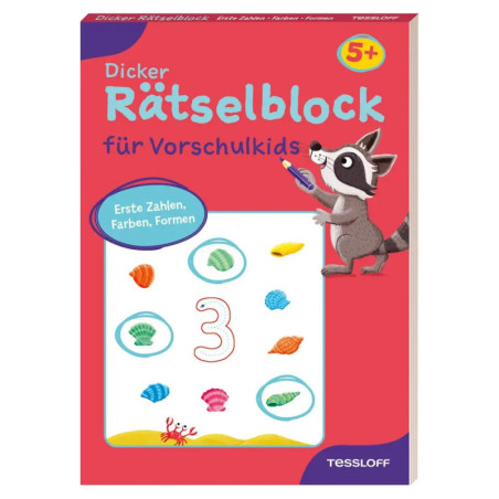 Buntes deutsches Rätselbuch für Vorschulkinder mit Waschbär sowie Zahlen, Muscheln und Formen auf dem Cover.