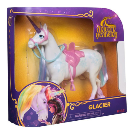 Unicorn Academy Glacier Einhorn-Spielzeug mit Zubehör in lila-gelber Box, empfohlen ab 4 Jahren.