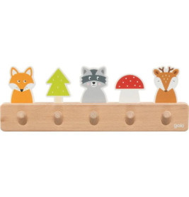 Holz-Wandhaken mit Fuchs-, Baum-, Waschbär-, Pilz- und Hirschmotiven über fünf Haken.