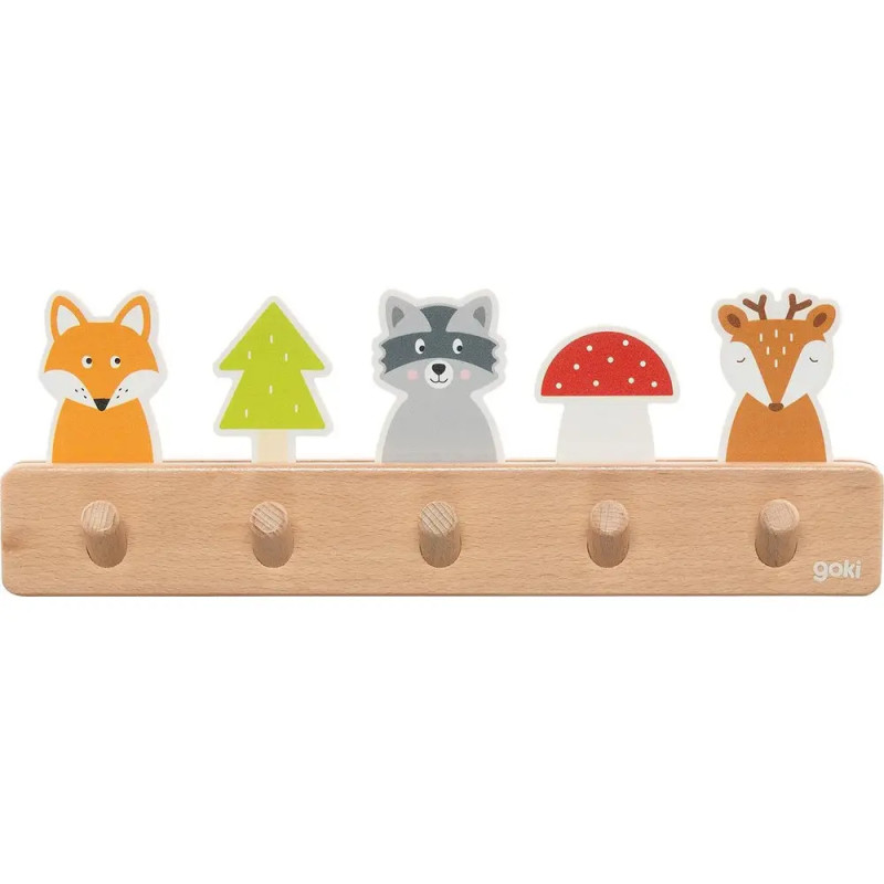 Holz-Wandhaken mit Fuchs-, Baum-, Waschbär-, Pilz- und Hirschmotiven über fünf Haken.