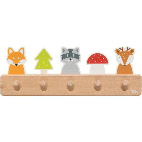 Holz-Wandhaken mit Fuchs-, Baum-, Waschbär-, Pilz- und Hirschmotiven über fünf Haken.