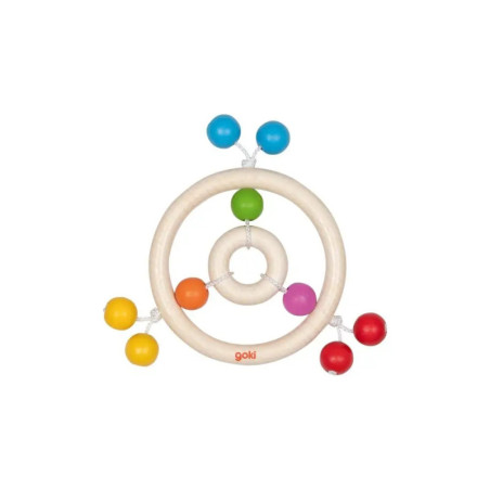 Holzrassel für Babys mit zwei Ringen und bunten Perlen, die in Abständen um die Kreise verteilt sind.