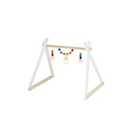Holz-Spielbogen mit weißem Gestell, bunten Perlen und Ringen, auf neutralem Hintergrund.