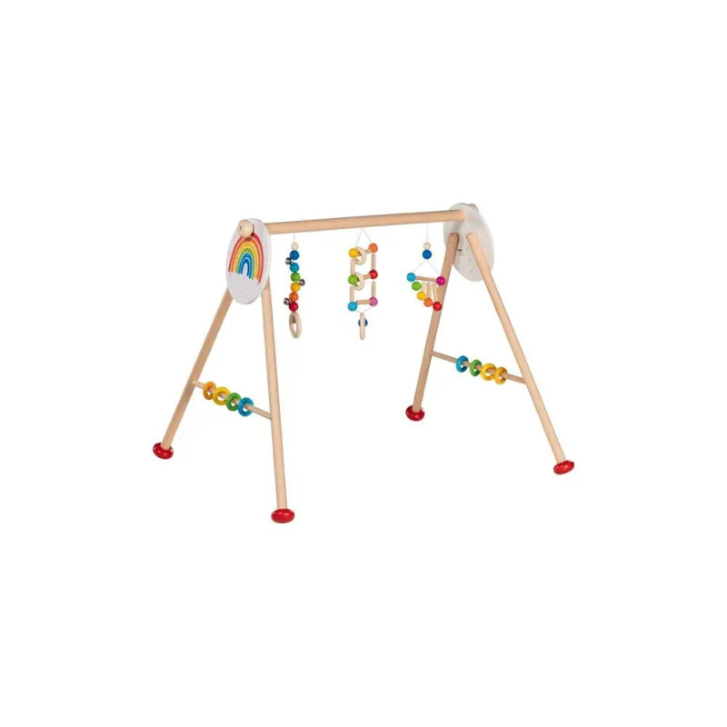 Holz-Spielbogen für Babys mit bunten Hängespielzeugen und Perlen auf weißem Hintergrund.