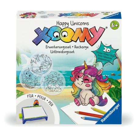Xoomy Happy Unicorns Zeichen-Set für Kinder ab 6 Jahren mit Einhorn-Motiv und verschiedenen Malutensilien.
