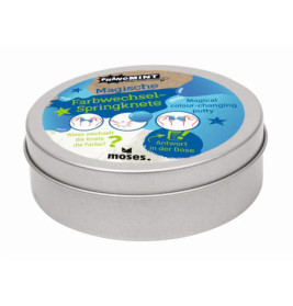 Runde silberne Moses-Dose: PhänoMINT Magische Farbwechsel-Springknete mit deutschem Text und blauem Deckeldesign.