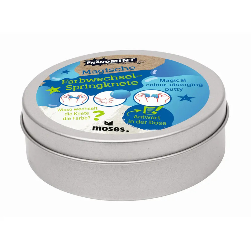 Runde silberne Moses-Dose: PhänoMINT Magische Farbwechsel-Springknete mit deutschem Text und blauem Deckeldesign.