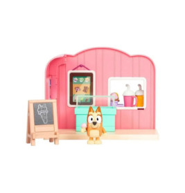 Eiscreme-Spielset mit Bluey-Figur, Tafel und bunten Eissorten. Alle Teile sind sichtbar ausgestellt.