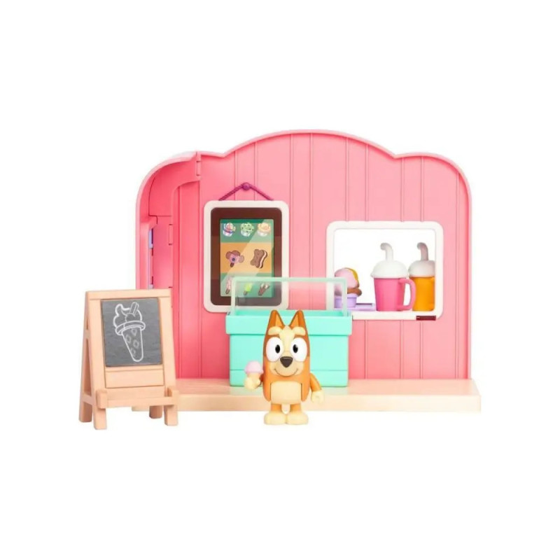 Eiscreme-Spielset mit Bluey-Figur, Tafel und bunten Eissorten. Alle Teile sind sichtbar ausgestellt.