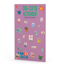 Lila Bastelbogen mit kleinen Küchenillustrationen und Sam-&-Julia-Logo unten.