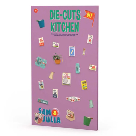 Lila Bastelbogen mit kleinen Küchenillustrationen und Sam-&-Julia-Logo unten.