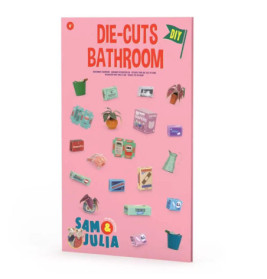 Rosa Bogen Die-Cuts Bathroom mit kleinen, ausgeschnittenen Bad-Utensilien und Topfpflanzen darauf verteilt.