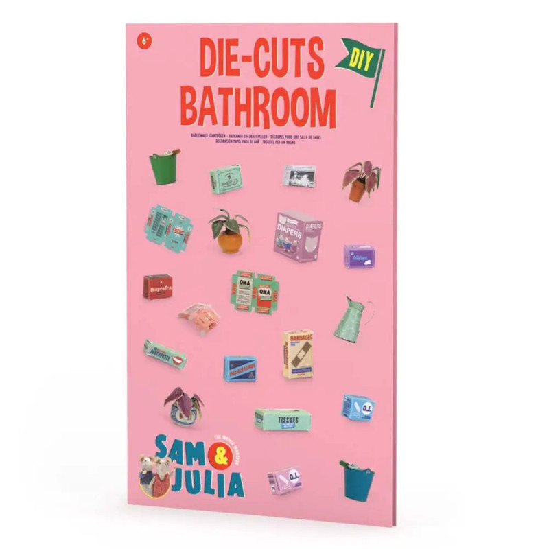 Rosa Bogen Die-Cuts Bathroom mit kleinen, ausgeschnittenen Bad-Utensilien und Topfpflanzen darauf verteilt.
