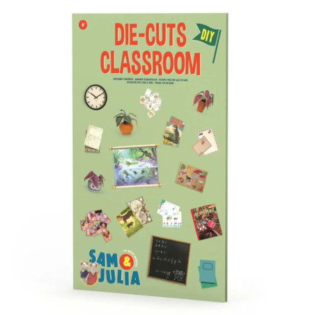 Grünes Poster Die-Cuts Classroom mit Motivausschnitten zum Klassenzimmer und Sam & Julia unten.