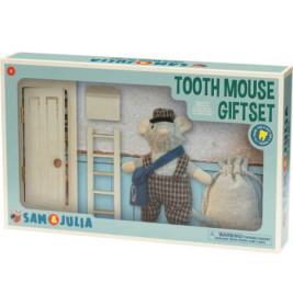 Geschenkset Sam & Julia Zahnmaus: Spielzeugmaus, Tür, Leiter und Beutel in einer Box ansprechend präsentiert.