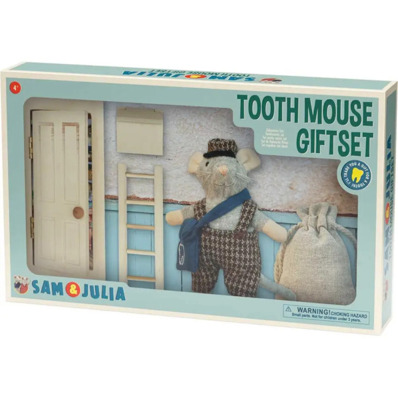 Geschenkset Sam & Julia Zahnmaus: Spielzeugmaus, Tür, Leiter und Beutel in einer Box ansprechend präsentiert.