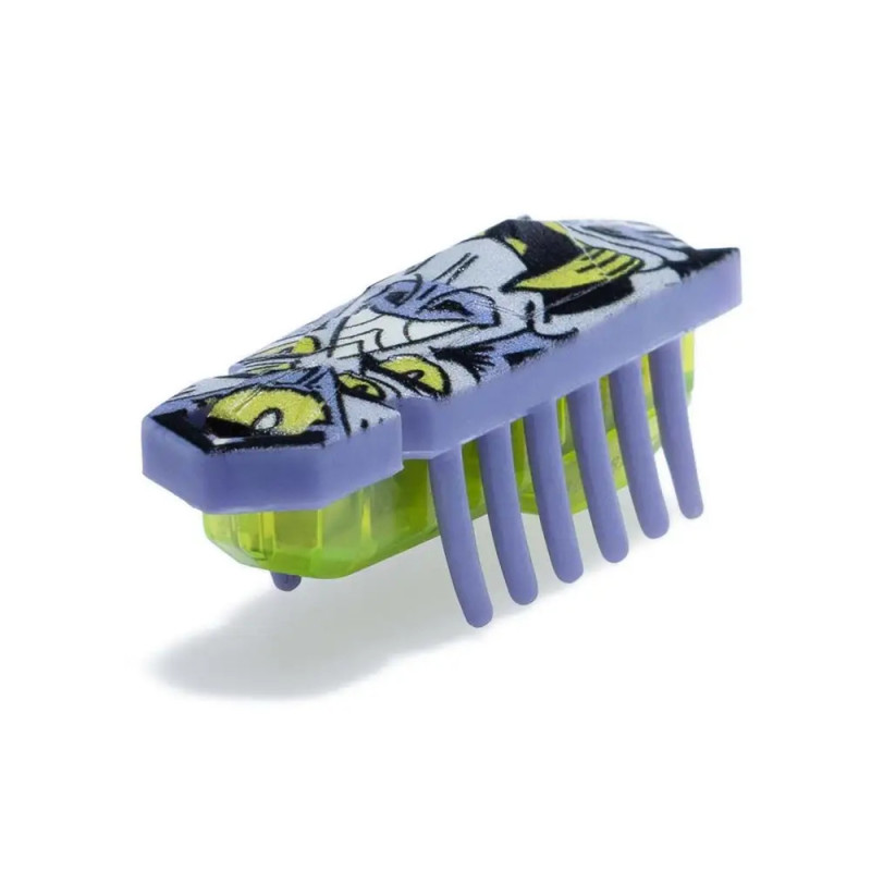 Kleines Roboterspielzeug mit lilafarbenen Beinen und buntem Muster, das einem Käfer ähnelt.