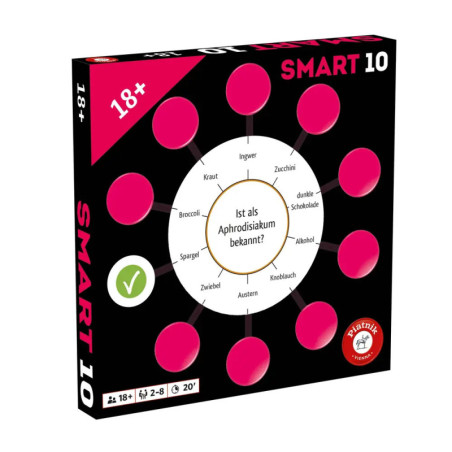 SMART 10 Spielbox mit pinken Kreisen, deutschem Text und grünem Häkchen links.