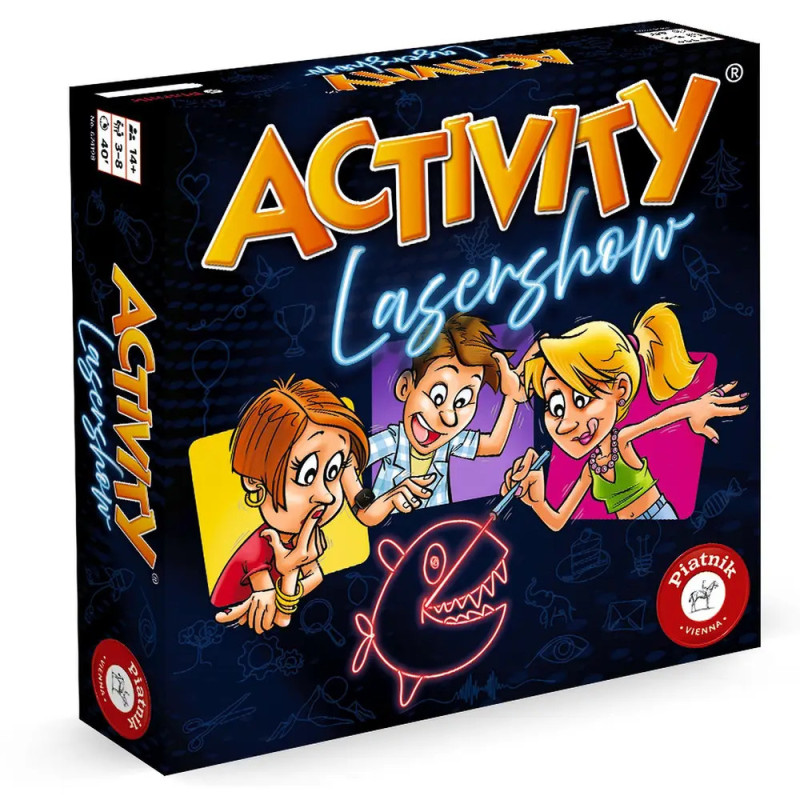 Spielschachtel Activity Lasershow mit fröhlichen Comic-Kindern und einer Neonfisch-Zeichnung auf dem Cover.
