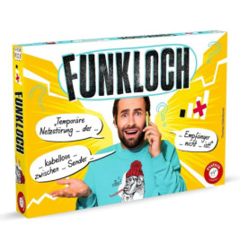 Ein Mann wirkt verwirrt mit Handy auf der Spielebox steht FUNKLOCH mit Sprechblasen im Comic-Stil.