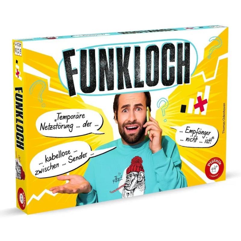 Ein Mann wirkt verwirrt mit Handy auf der Spielebox steht FUNKLOCH mit Sprechblasen im Comic-Stil.