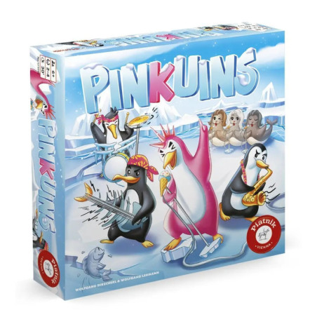 Spieleschachtel von Pinkuins mit Pinguin-Cartoons beim Musizieren auf einer Eis-Bühne, beobachtet von Robben.