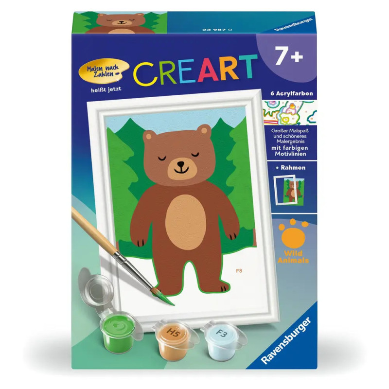 CreArt Malen-nach-Zahlen-Set mit Cartoon-Bär, Bäumen und Farbtöpfchen, geeignet ab 7 Jahren.