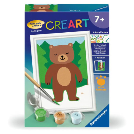 CreArt Malen-nach-Zahlen-Set mit Cartoon-Bär, Bäumen und Farbtöpfchen, geeignet ab 7 Jahren.