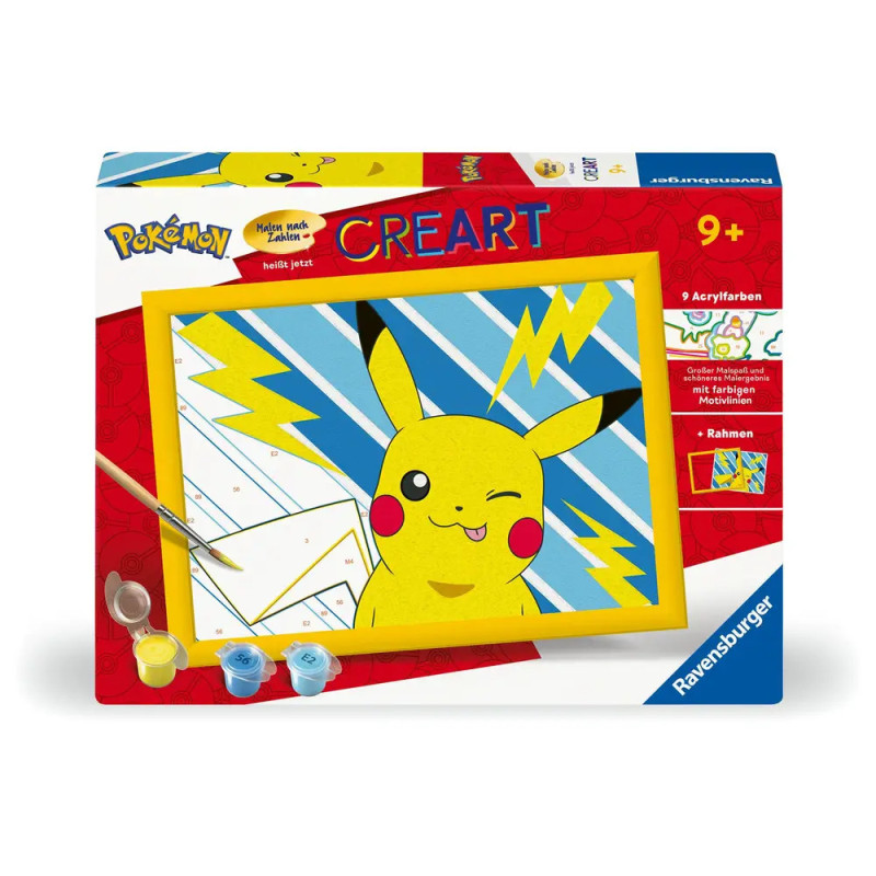 Malset mit Pikachu, der zwinkert, inklusive Farben, Pinsel und gelbem Rahmen auf der Verpackung.