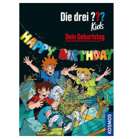 Drei fröhliche Kinder feiern mit Konfetti unter einem bunten Happy Birthday-Banner Geburtstag.