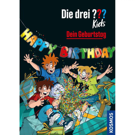 Drei fröhliche Kinder feiern mit Konfetti unter einem bunten Happy Birthday-Banner Geburtstag.