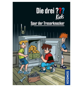 Drei Kinder entdecken Goldbarren und Geldscheine in einem offenen Tresor, Werkzeuge liegen auf dem Boden.