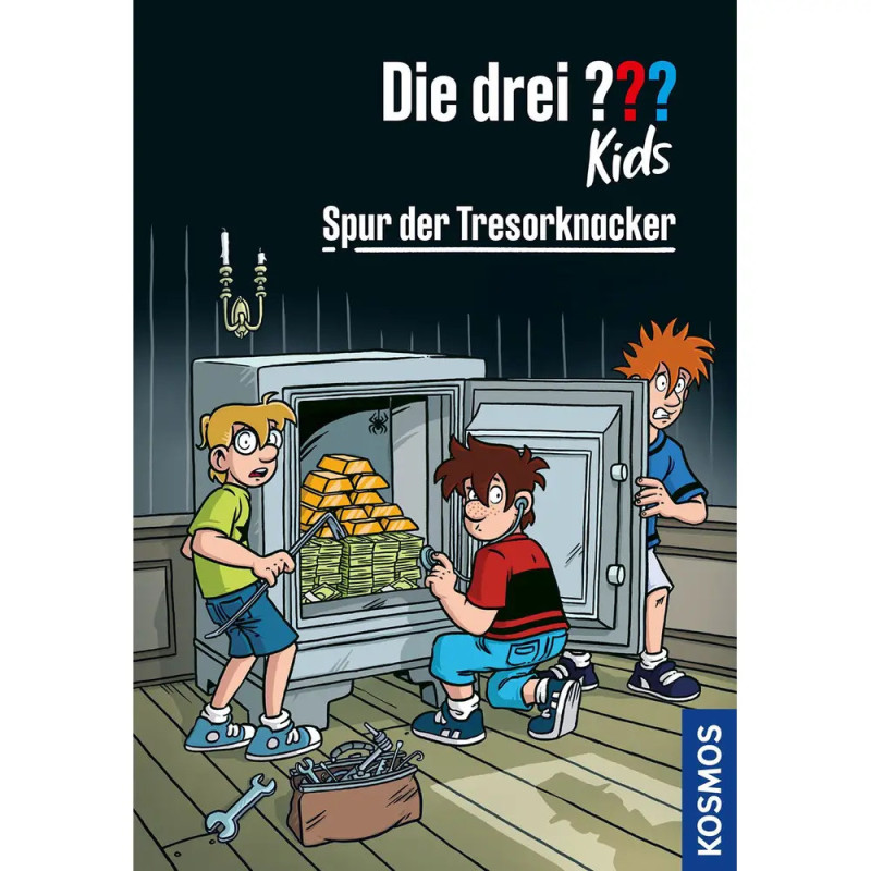 Drei Kinder entdecken Goldbarren und Geldscheine in einem offenen Tresor, Werkzeuge liegen auf dem Boden.