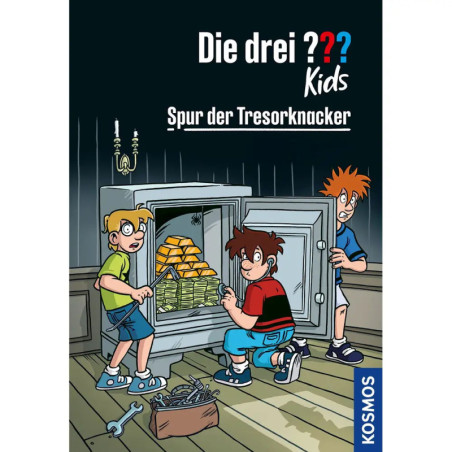 Drei Kinder entdecken Goldbarren und Geldscheine in einem offenen Tresor, Werkzeuge liegen auf dem Boden.