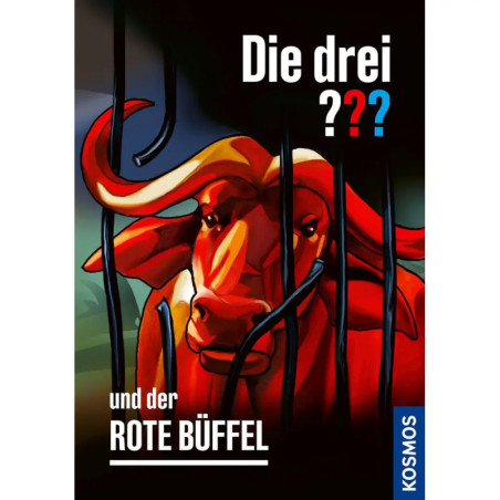 Illustration: Ein roter Büffel hinter schwarzen Gittern, dazu der deutsche Text Die drei ??? und der Rote Büffel.
