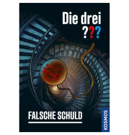 Eine Wendeltreppe mit rotem Medaillon und Seil darauf steht: Die drei ??? Falsche Schuld.