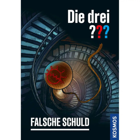 Eine Wendeltreppe mit rotem Medaillon und Seil darauf steht: Die drei ??? Falsche Schuld.