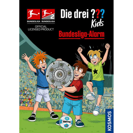 Drei Comic-Kinder feiern mit einem Pokal auf dem Fußballfeld, im Hintergrund sieht man das Stadionpublikum. Drei Comic-Kinder feiern mit einem Pokal auf dem Fußballfeld, im Hintergrund sieht man das Stadionpublikum.