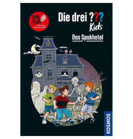 Drei verängstigte Jungen stehen vor einem Spukhaus Geister und Vollmond sind im Hintergrund zu sehen.
