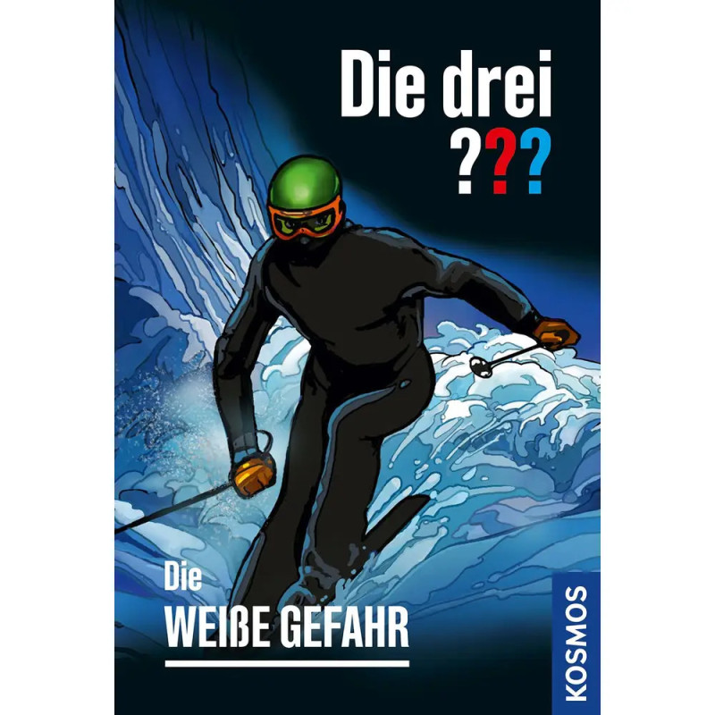 Ein Skifahrer in schwarzer Kleidung und grünem Helm fährt einen Hang hinab im Bild ist deutscher Text zu sehen.
