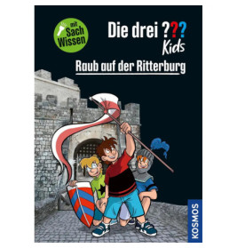 Drei animierte Kinder in Ritterkostümen posieren lächelnd vor einer steinernen Burg.
