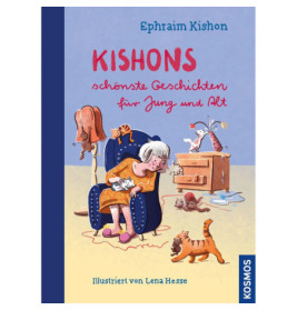 Buchcover: Eine ältere Frau strickt im Sessel, umgeben von spielenden Katzen und einem Kind auf dem Boden.