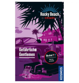 Ein lila Cover zeigt einen Oldtimer, Palmen, eine Villa und Detektivutensilien im Vordergrund.